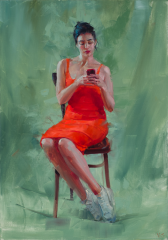 Vinzenz Schüller,Sitting Woman, Red Dress,Green Background