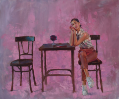 Vinzenz Schüller, Woman Sitting, Pink-Background