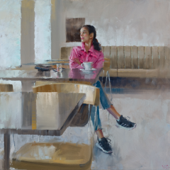 Vinzenz Schüller, Bar-Scene, woman with pink jacket