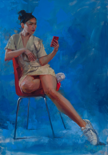 Vinzenz Schüller, Woman sitting in front of blue background