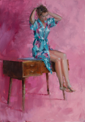 Vinzenz Schüller, Woman Sitting Table, Pink Background